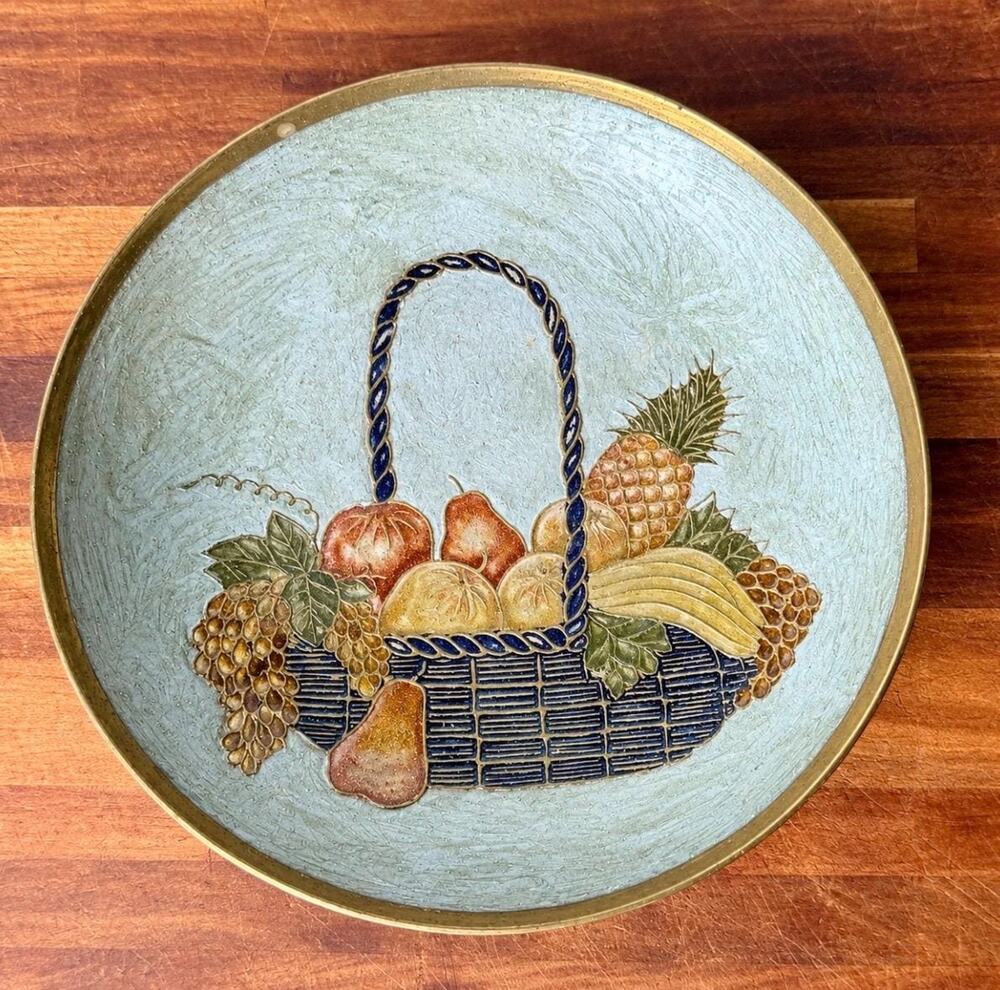 Vintage Brass Pedestal Bowl | Enamel Fruit Basket Design, Mid-Century Decor